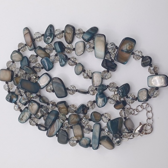 Dusky Blue Dyed Mother of Pearl And Glass Crystal Necklace - Picture 5 of 6